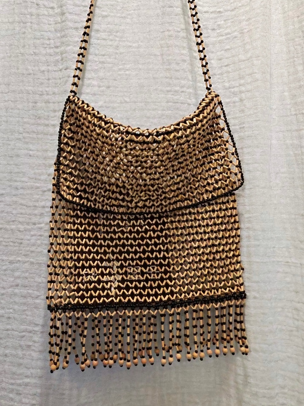 Bamboo Wear Handmade Woven Bamboo Beaded Crossbody Fringe Bag Flap Style F340